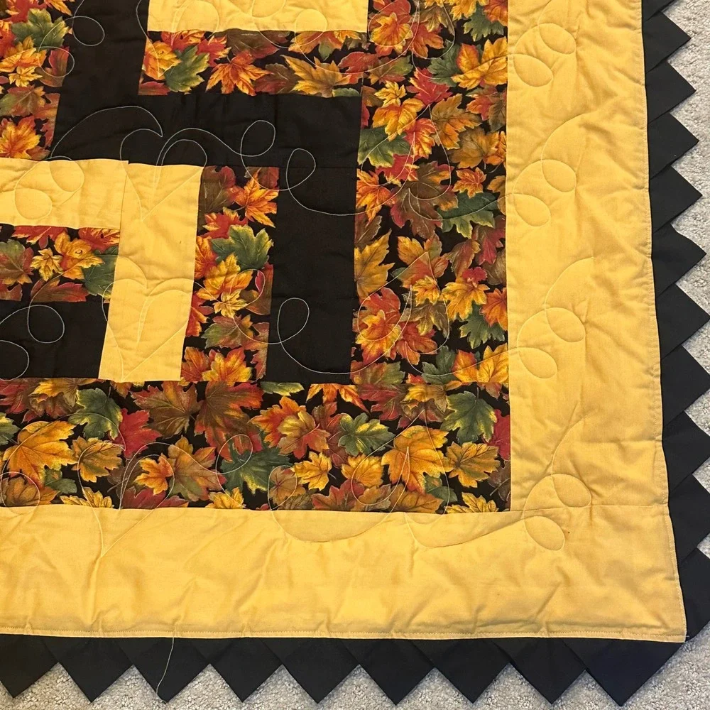 Handmade Autumn Leaf Patchwork Quilt Zig Zag Geometric Gold Black